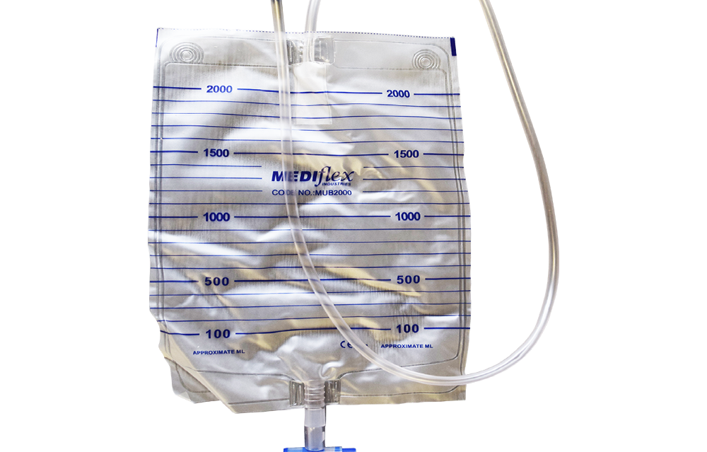 Mediflex continence urine bag with measurement markings and attached drainage tube